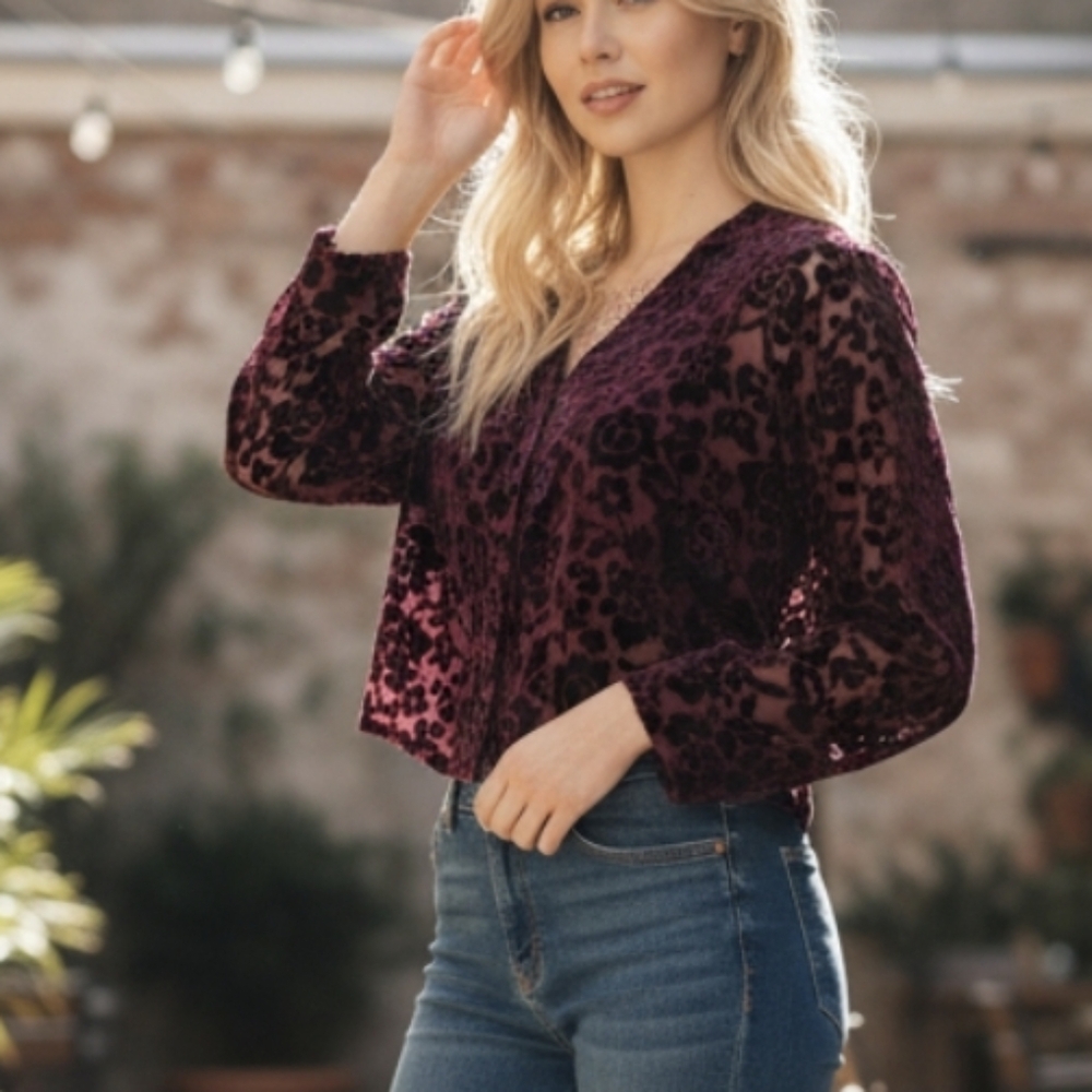 Velvet sheer floral cardigan burgrundy